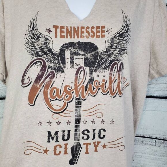 Maurices XL Beige Nashville Music City Graphic Tee Cutout Neck Short Sleeve - Picture 2 of 7
